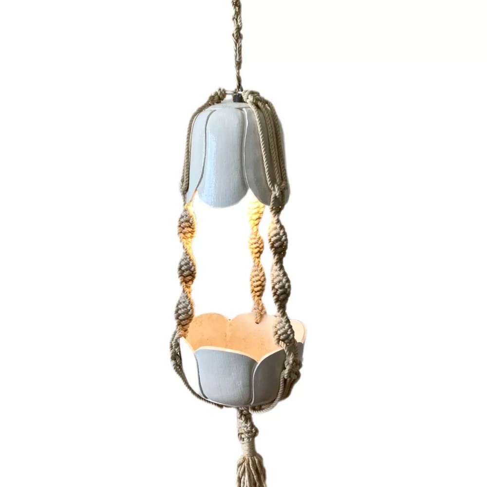 70s Macrame Hanging Lamp Planter Hand Crafted One-of-a-Kind